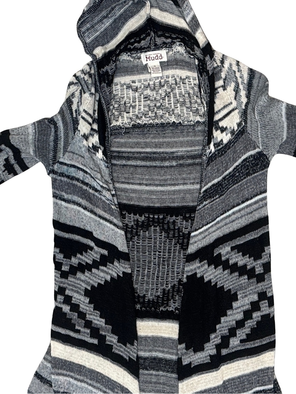 Mudd Hooded Open-Front Cardigan in Black, Gray & White